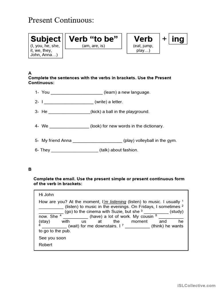 Present Continuous Exercises and Email Practice | PDF