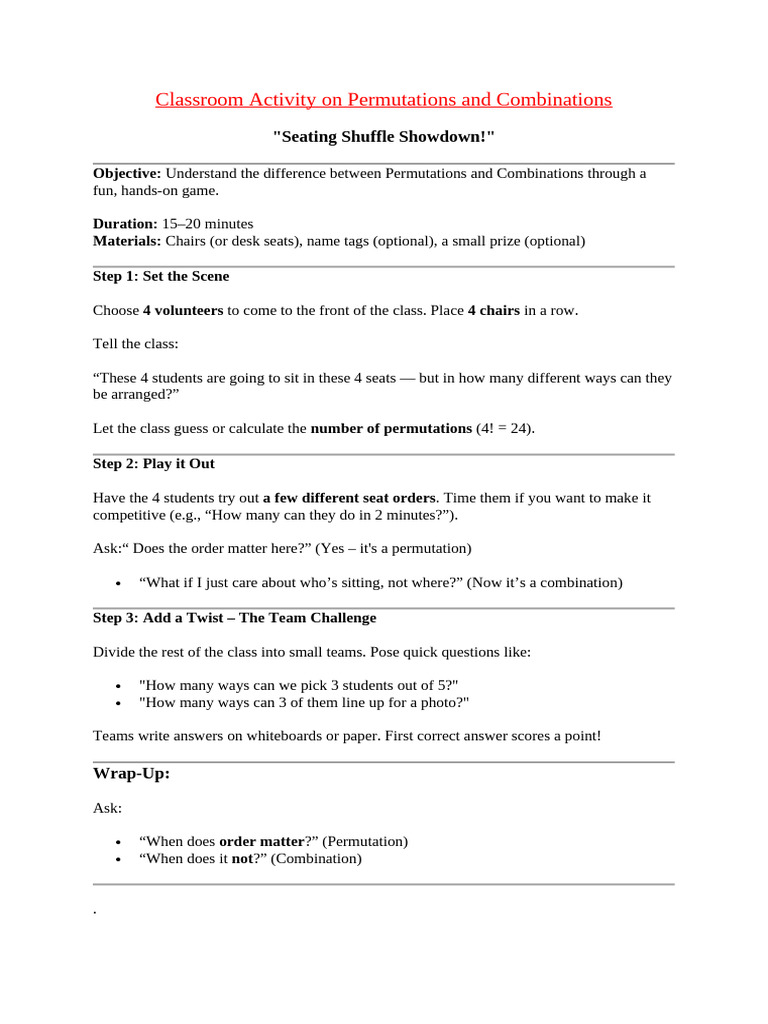 Fun Classroom Game on Permutations & Combinations | PDF