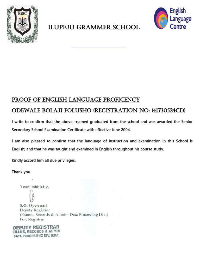 English Proficiency Certificate Confirmation | PDF