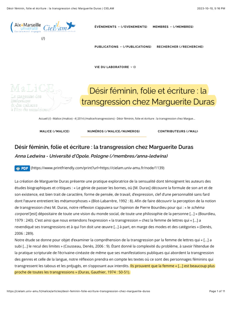 Transgression et désir chez Duras | PDF | Amour | Sexualité humaine