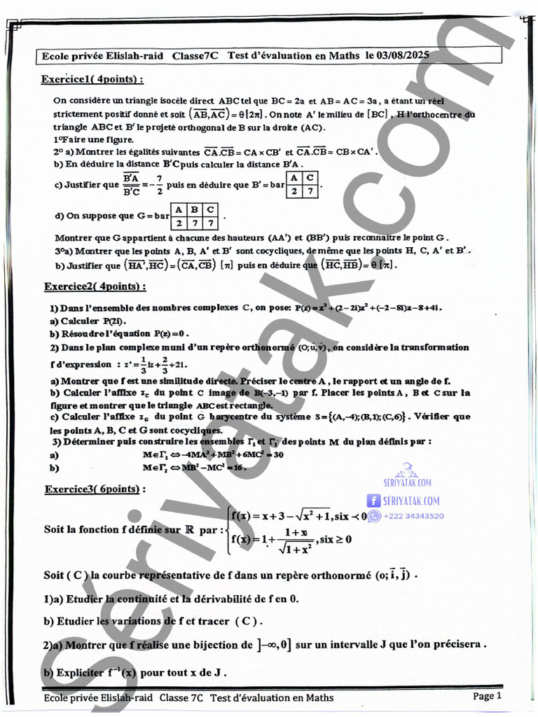 Test Évaluation en Maths 7c 45j E.P Islah Erraid 2025-2026 | PDF