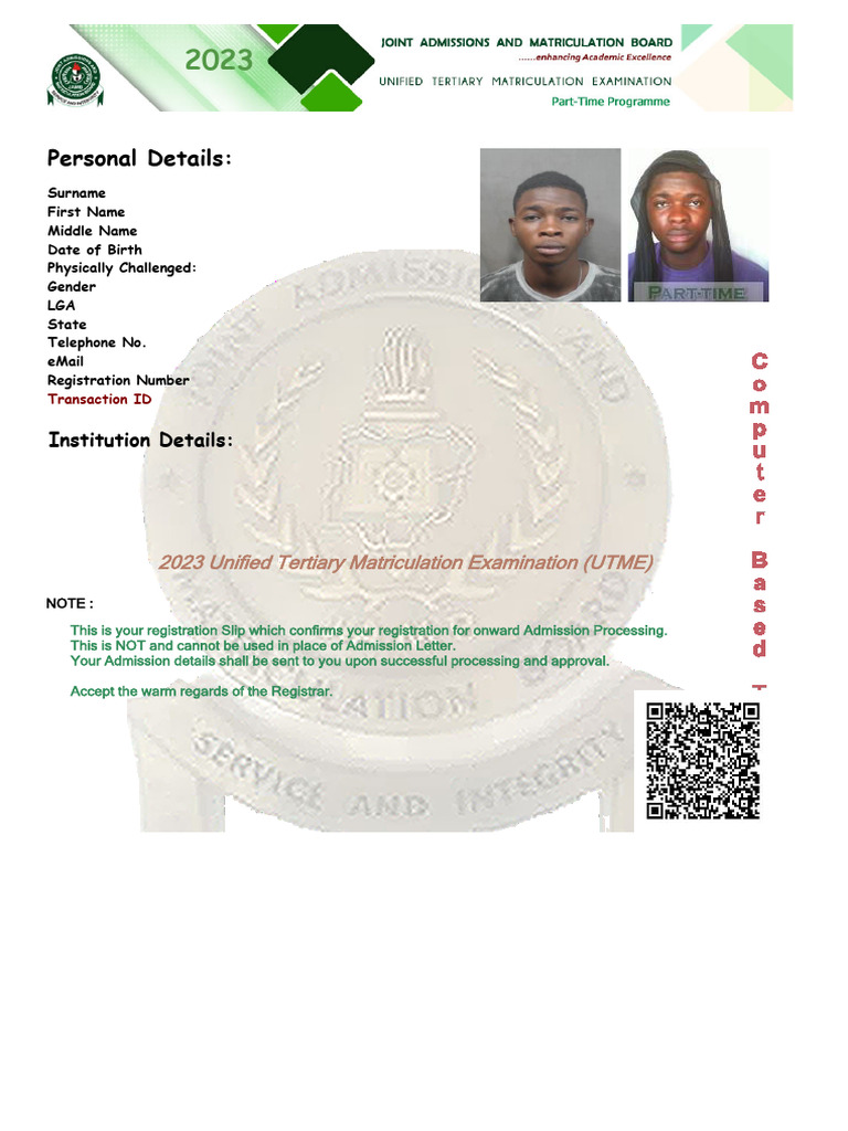 UTME 2023 Registration Slip Details | PDF