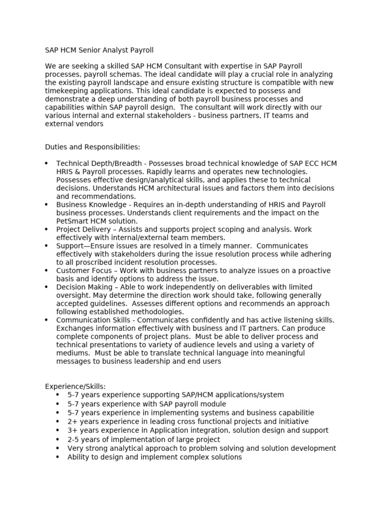 SAP HCM Senior Analyst Payroll Role | PDF | Communication | Human ...
