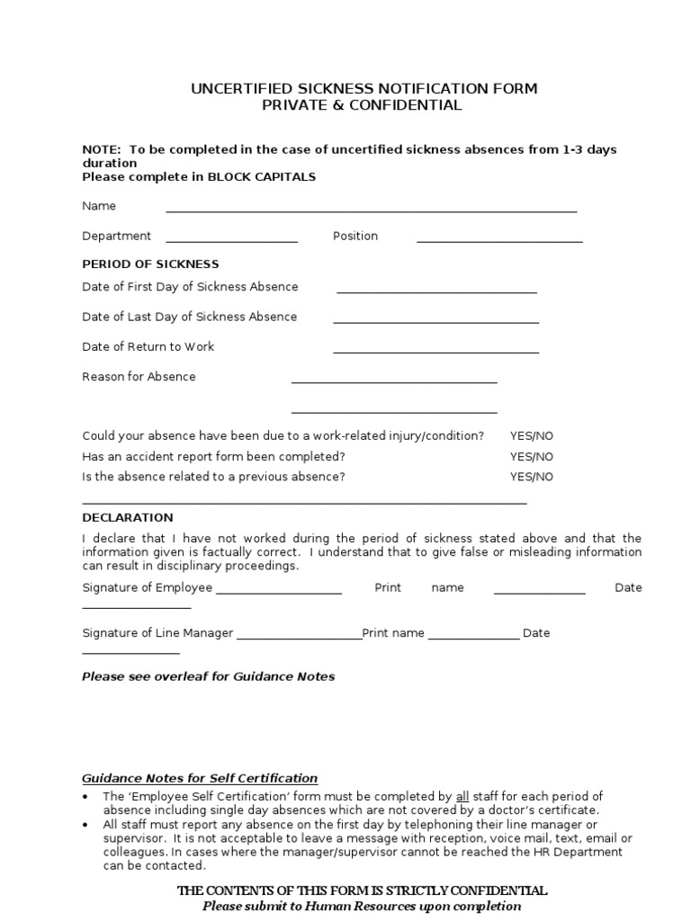 Uncertified Sickness Notification Form | PDF | Confidentiality | Human ...
