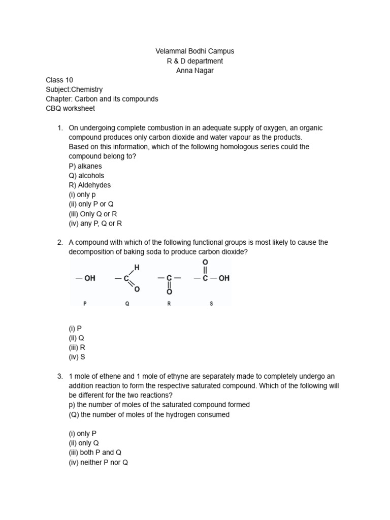 Worksheet Carbon and Its Compounds CBQ | PDF | Ethanol | Alkane