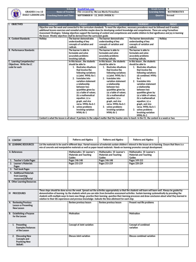 Grade 9 Math Daily Lesson Log | PDF | Algebra | Learning