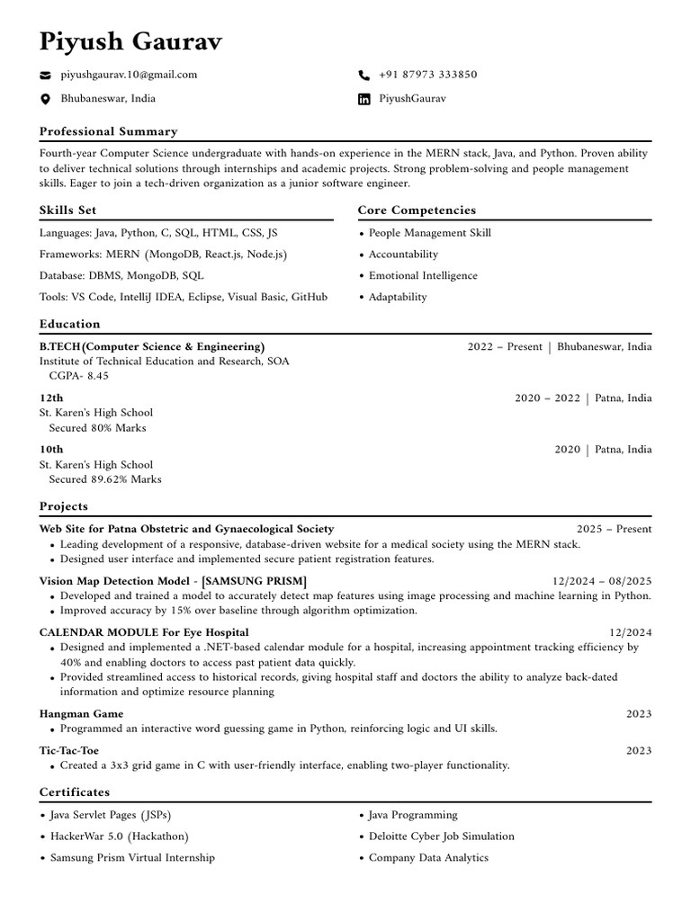 Piyush Gaurav: Junior Software Engineer Resume | PDF | Java ...