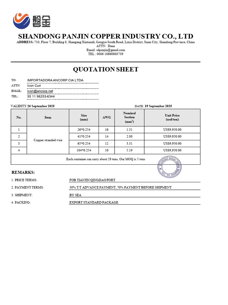 Quotation - Copper Wire AWG - PANJIN 25.09.19 | PDF