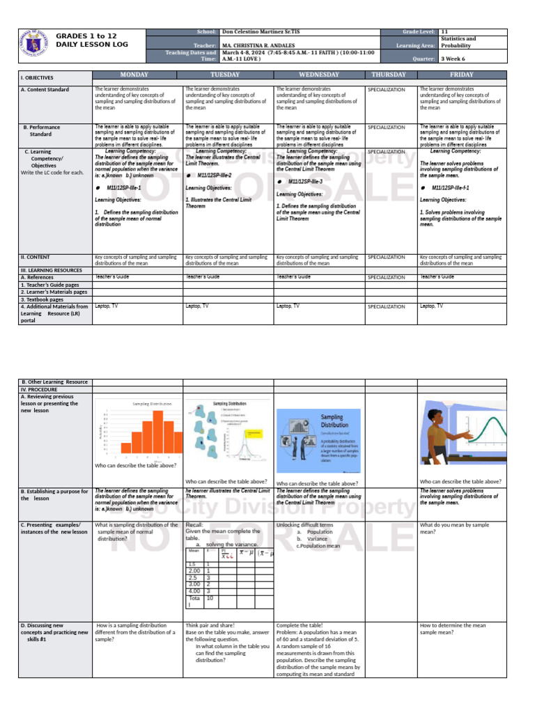 Daily Lesson Log: Statistics 11 | PDF | Normal Distribution | Variance