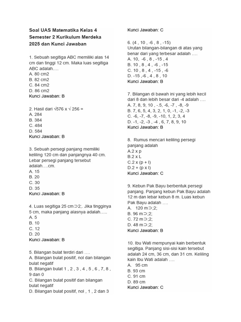 Soal UAS Matematika Kelas 4 Semester 2 | PDF