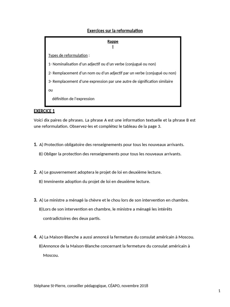 Exercices de Reformulation Corrigés | PDF