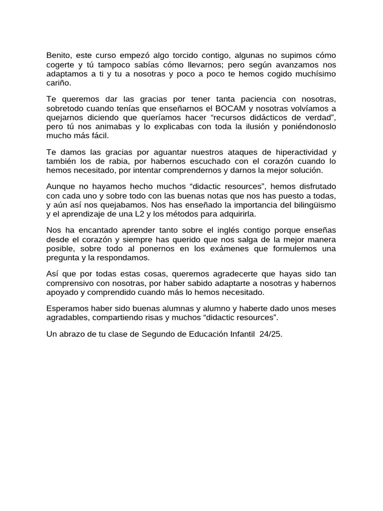 Agradecimiento a Benito: Un Gran Maestro | PDF