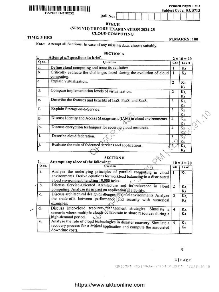 Btech Cs 7 Sem Cloud Computing Kcs713 Jan 2025 | PDF