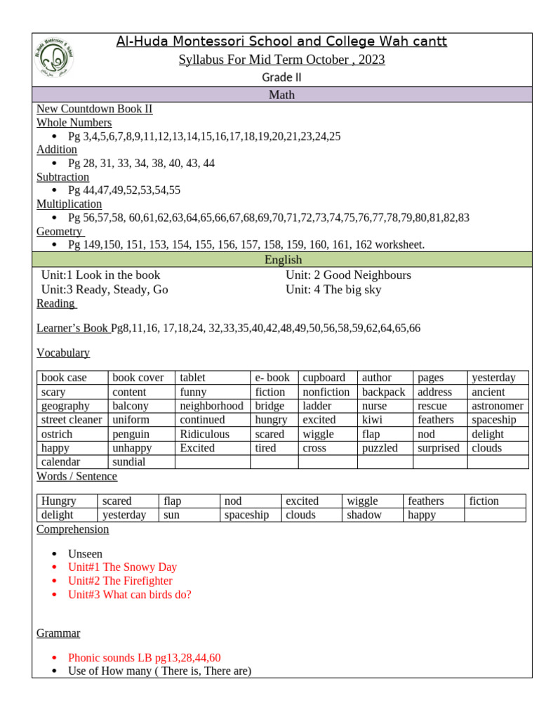 Mid Term Syllabus Grade 2 (2) Edited | PDF