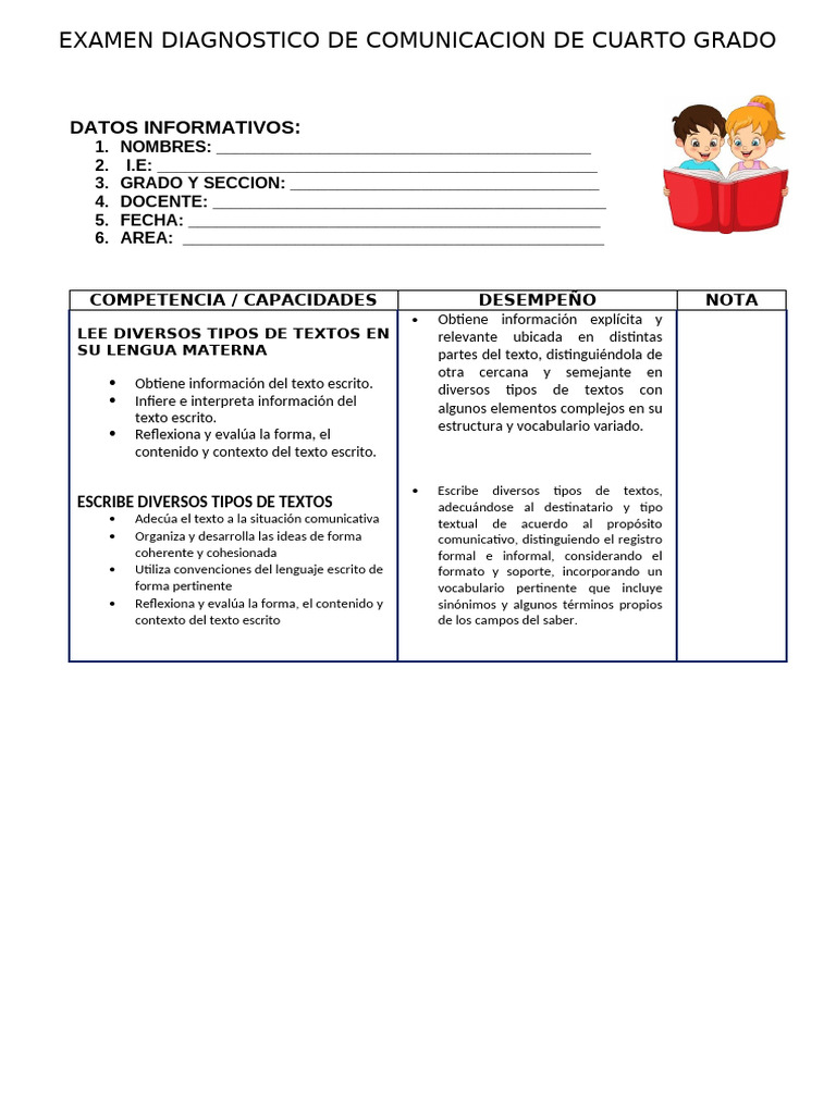 Examen Diagnóstico de Comunicación 4to Grado | PDF | Mosquito