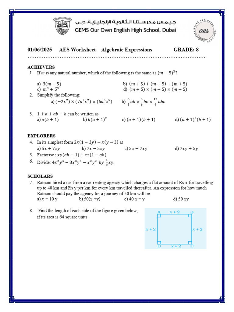 8th Grade Algebraic Expressions Worksheet | PDF