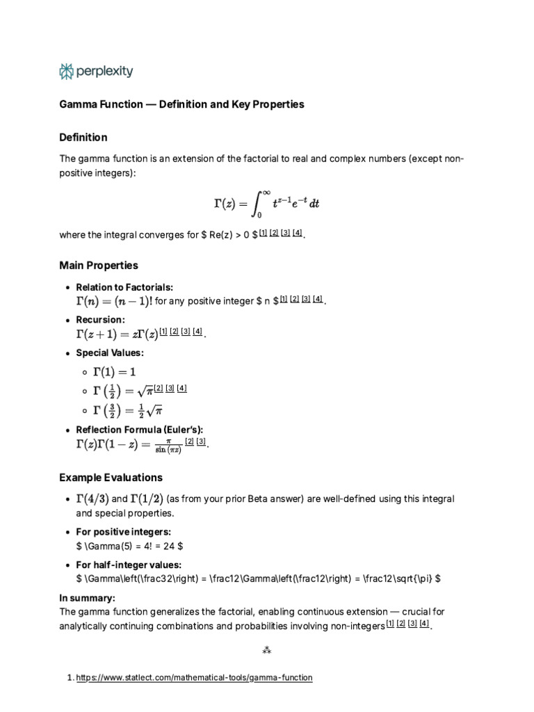 Gamma Function: Definition and Properties | PDF