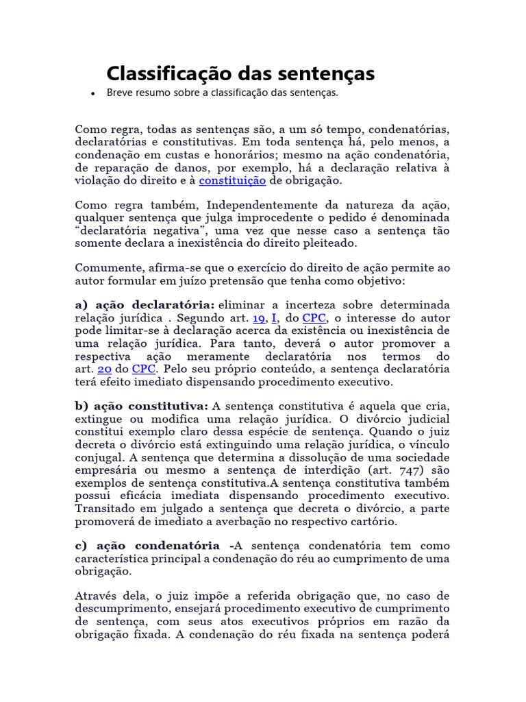 Classificação de Sentenças - Direito | PDF | Sentença (jurídico) | Ação ...