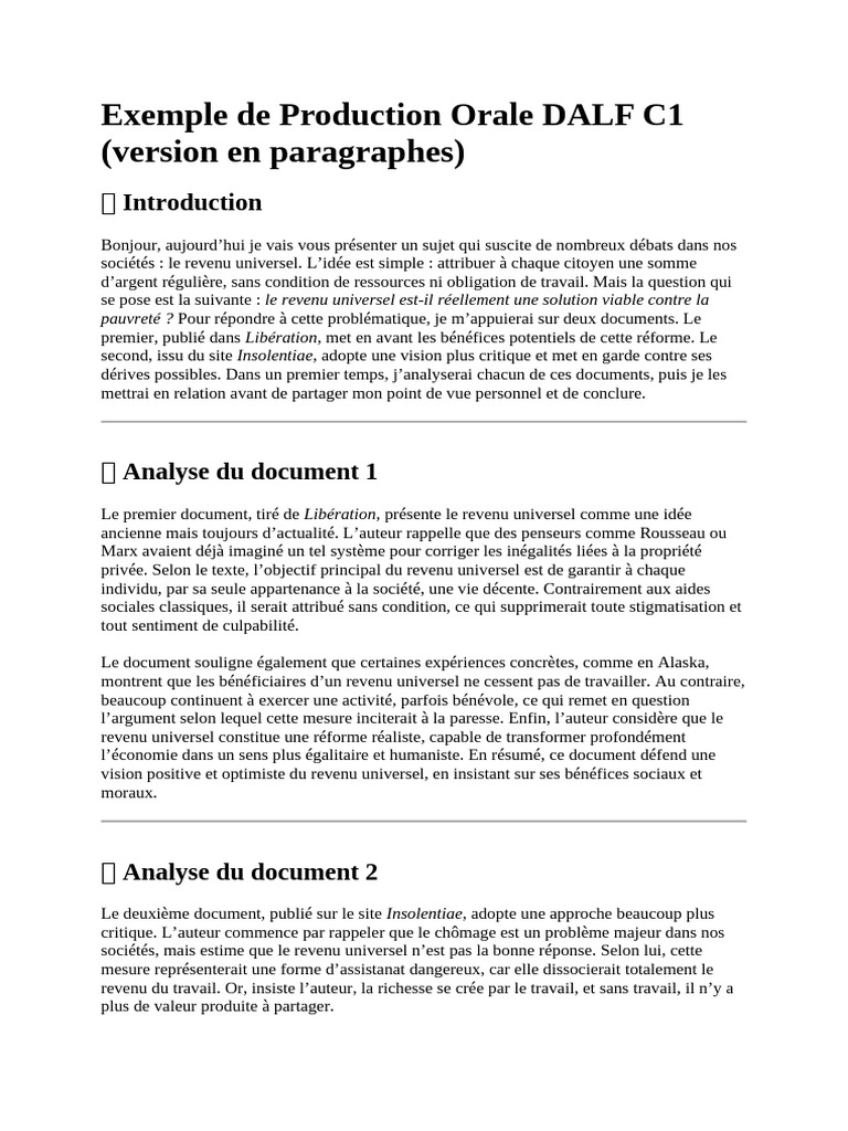 Exemple de Production Orale DALF C1 | PDF | Pauvreté | Pauvreté et sans ...