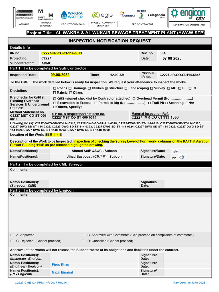 Inspection Request for AWAW-STP Project | PDF