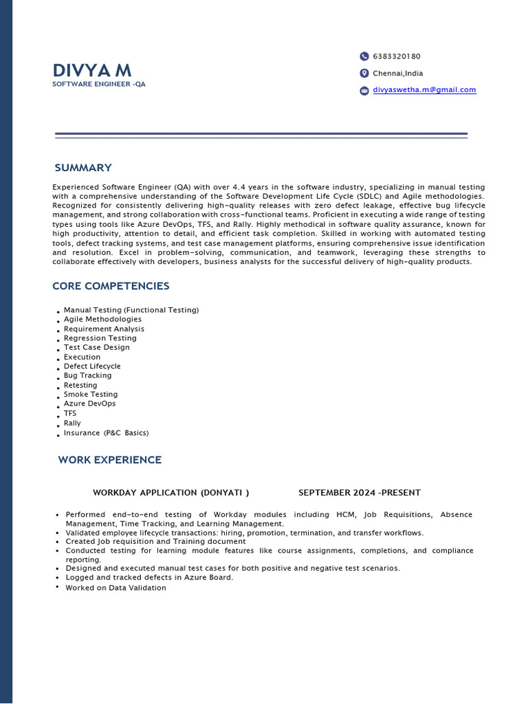 Software Engineer QA Resume - Divya M | PDF | Software Development ...