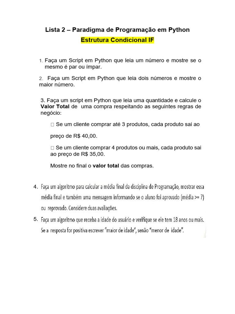 Atividade 2 - Lista Condicional em Python | PDF
