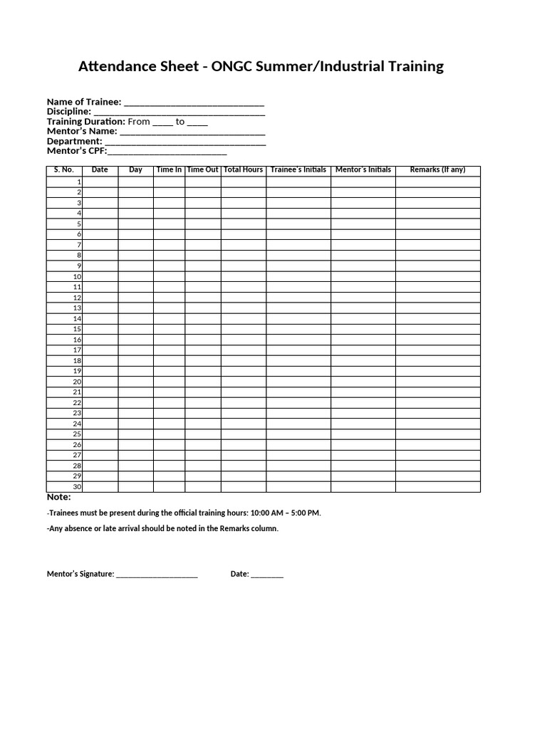 Trainee Attendance Record Template | PDF