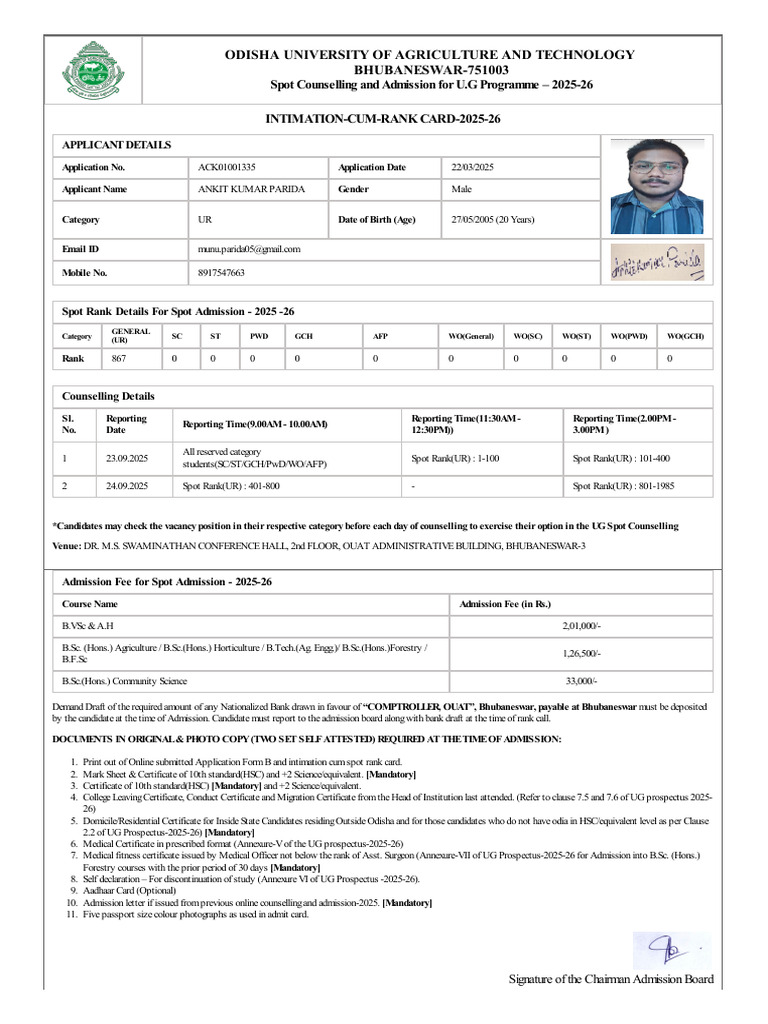 Ouat Spot Counselling Rank Card-Ack01001335 | PDF