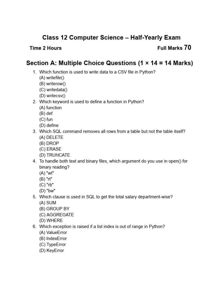 Class 12 Computer Science Exam Guide | PDF | Sql | Databases