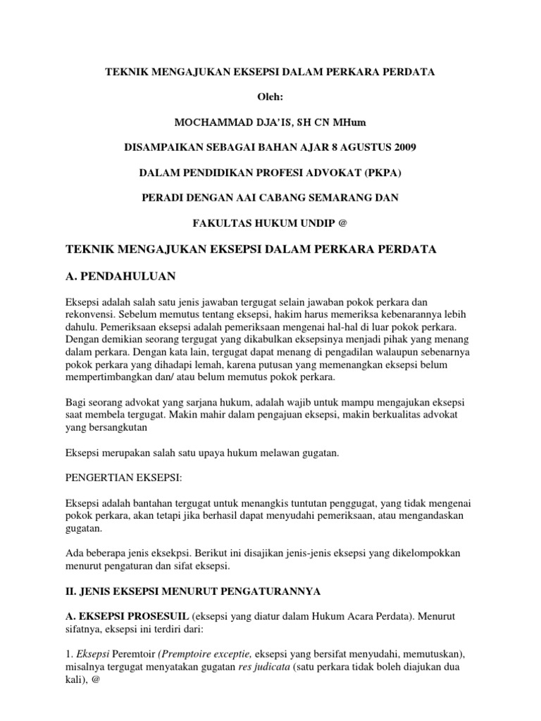 Teknik Mengajukan Eksepsi Dalam Perkara Perdata