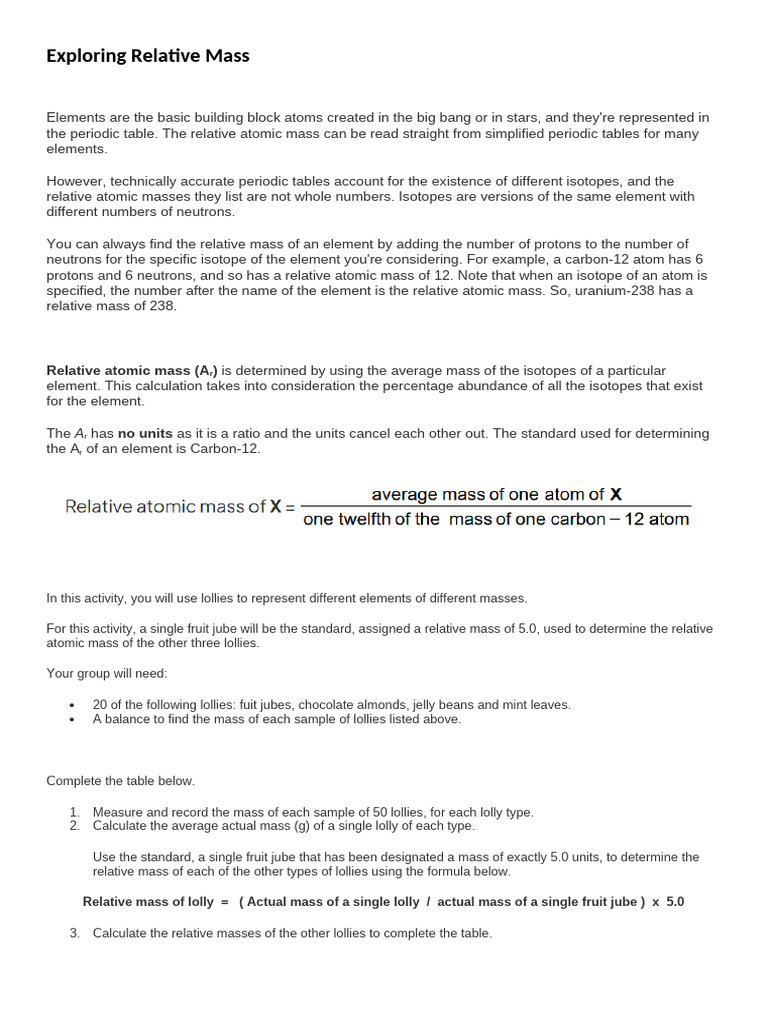 Activity - Exploring Relative Mass | PDF | Chemical Elements | Isotope
