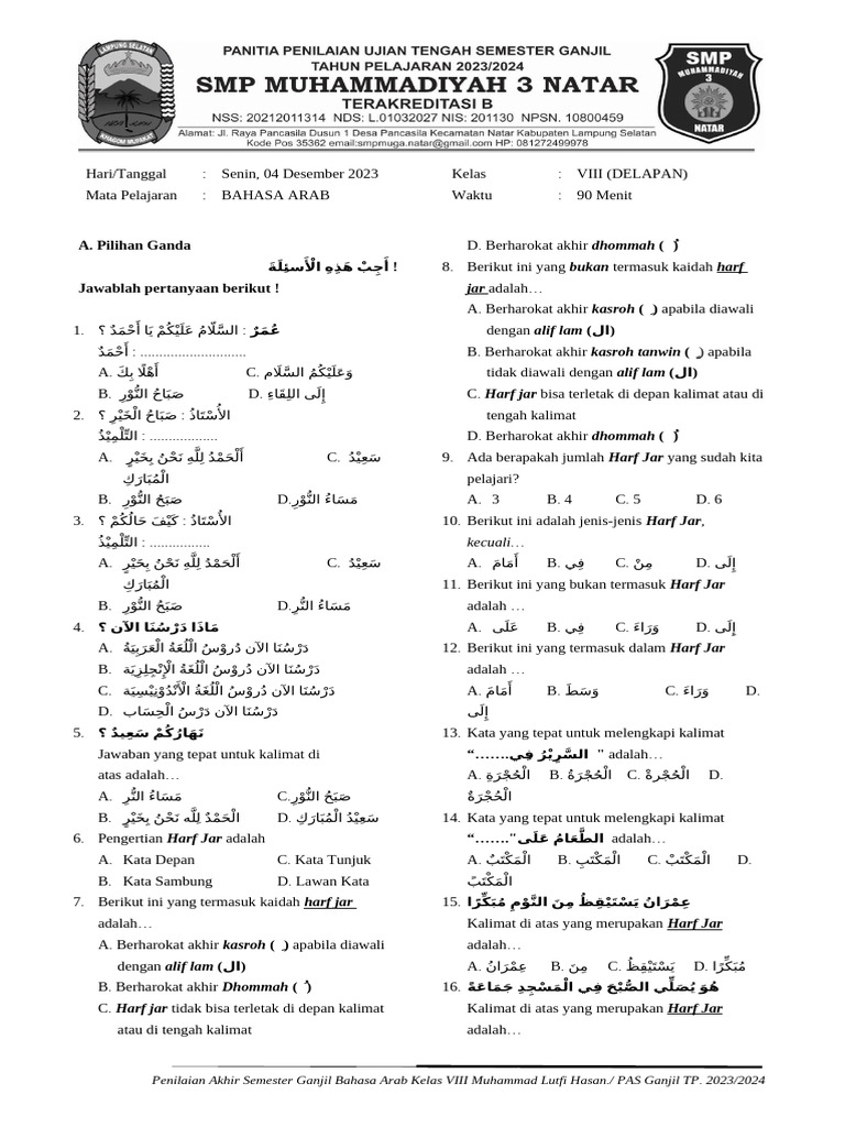 Soal Bahasa Arab Kelas VIII Semester Ganjil 2023 | PDF