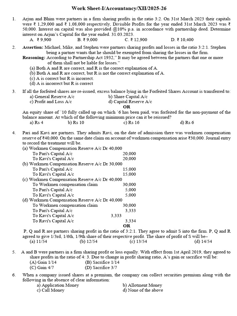 Work Sheet-1 Class 12 ACC | PDF | Balance Sheet | Equity (Finance)