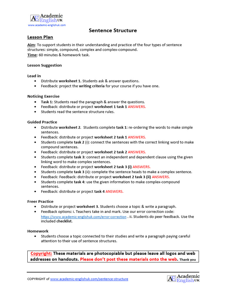 Sentence Structure Lesson Plan Guide | PDF