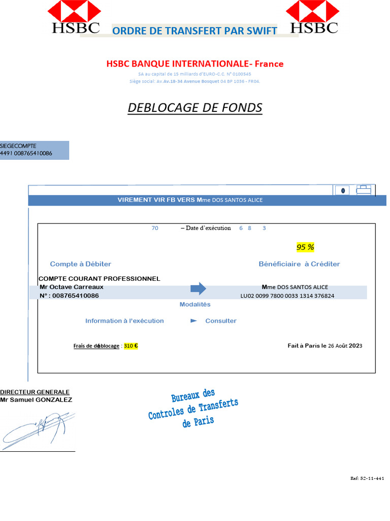 Ordre de transfert SWIFT HSBC 70 000 € | PDF