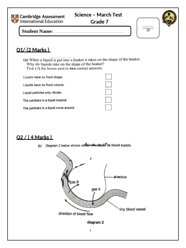 Grade 7 Science March Test Template | PDF