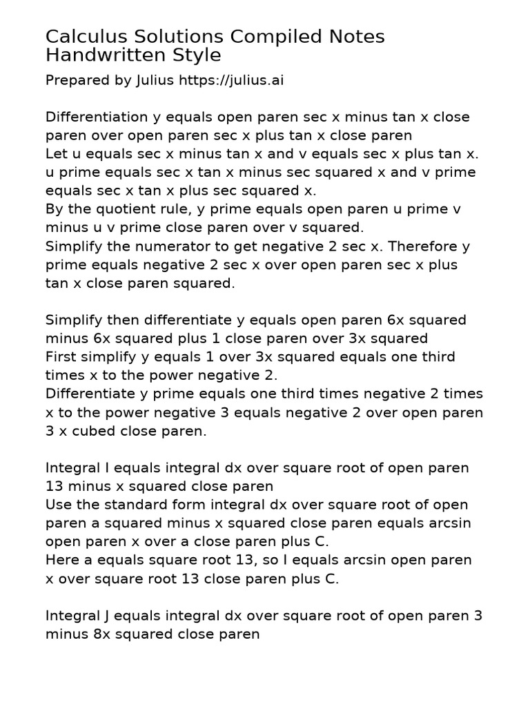 Calculus Differentiation and Integration Notes | PDF