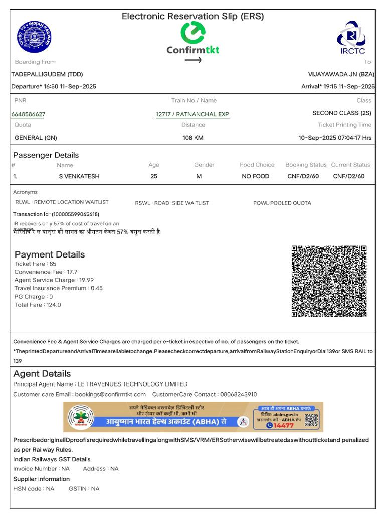 Electronic Reservation Slip for Train Travel | PDF | Identity Document