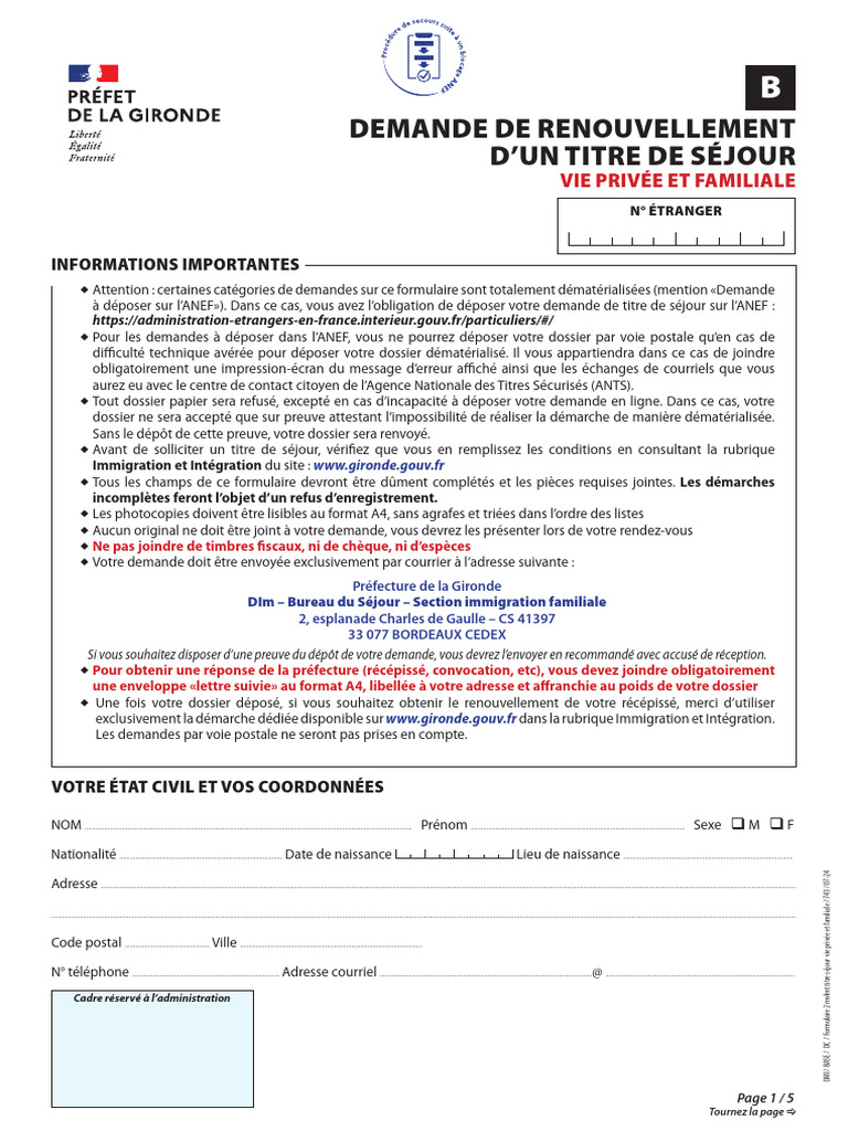 Renouvellement Titre de Séjour Vie Privée | PDF | Certificat de naissance