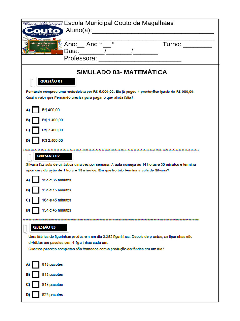 Simulado 03 de Matemática - Escola Couto | PDF
