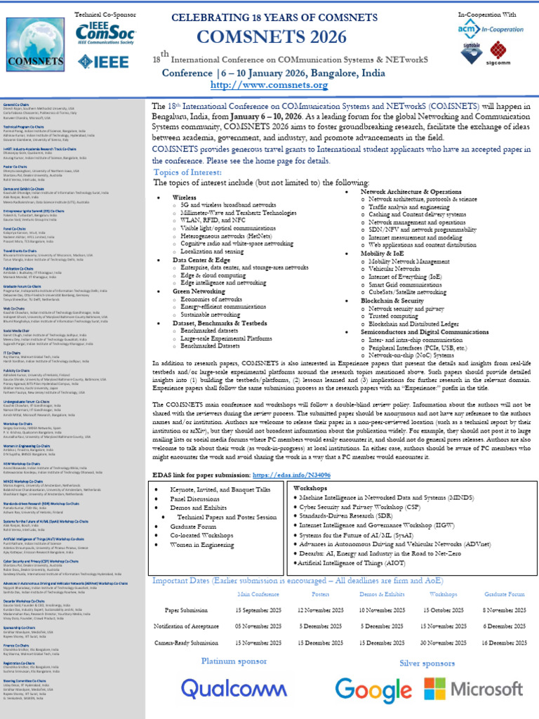 COMSNETS 2026 Call for Papers Details | PDF | Computing | Information ...