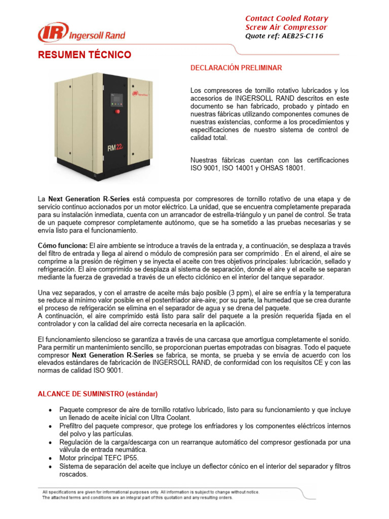 Compresor de Tornillo Rotativo R-Series | PDF | Filtración | Refrigeración