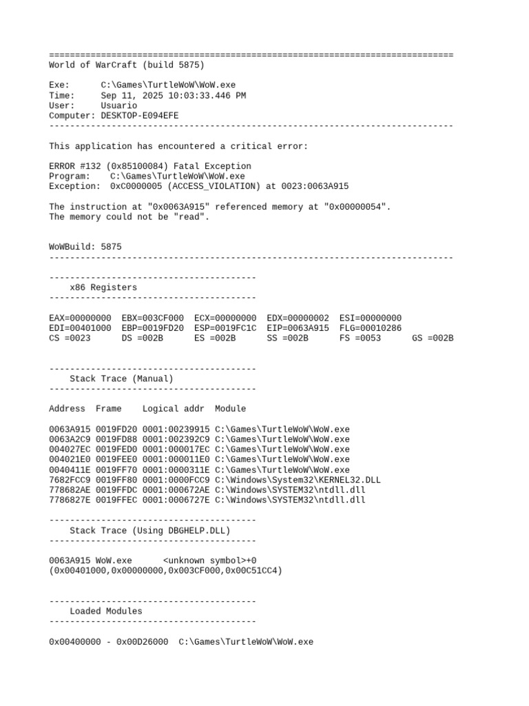 WoW Error 132: Access Violation Log | PDF | Computer Science | System ...