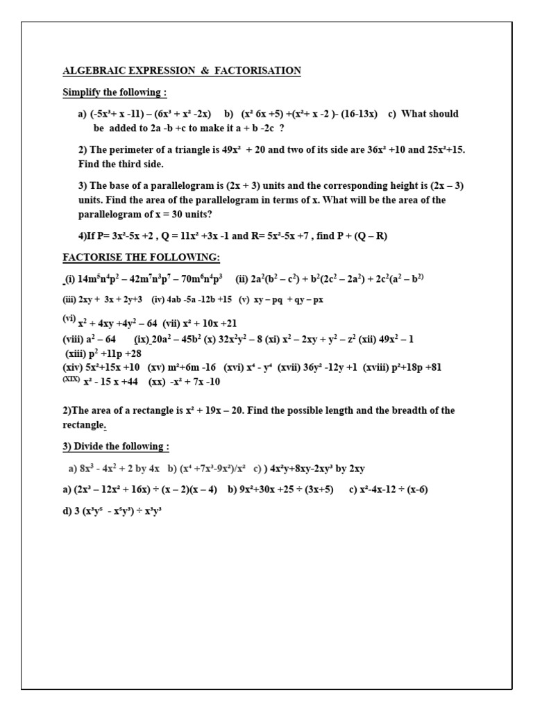 Algebraic Expressions and Factorization | PDF