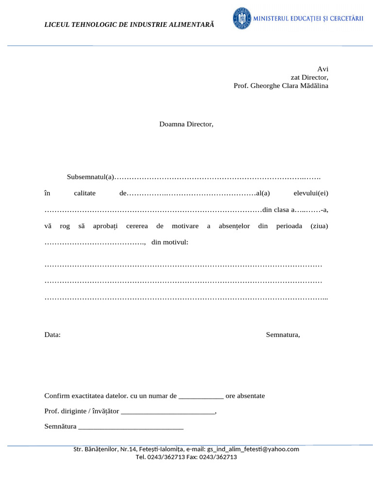 Cerere Învoire Elevi | PDF