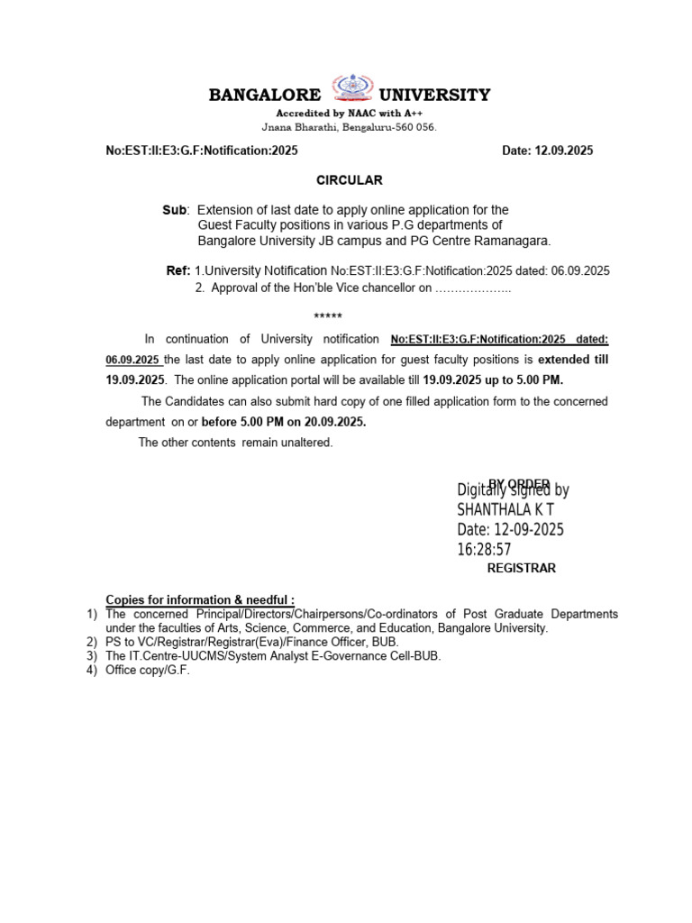 Bangalore University Guest Faculty Application Deadline Extended | PDF