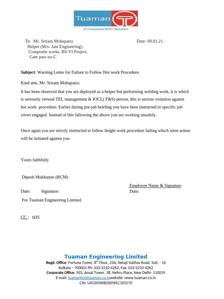 Warning Letter for Hot Work Violation | PDF