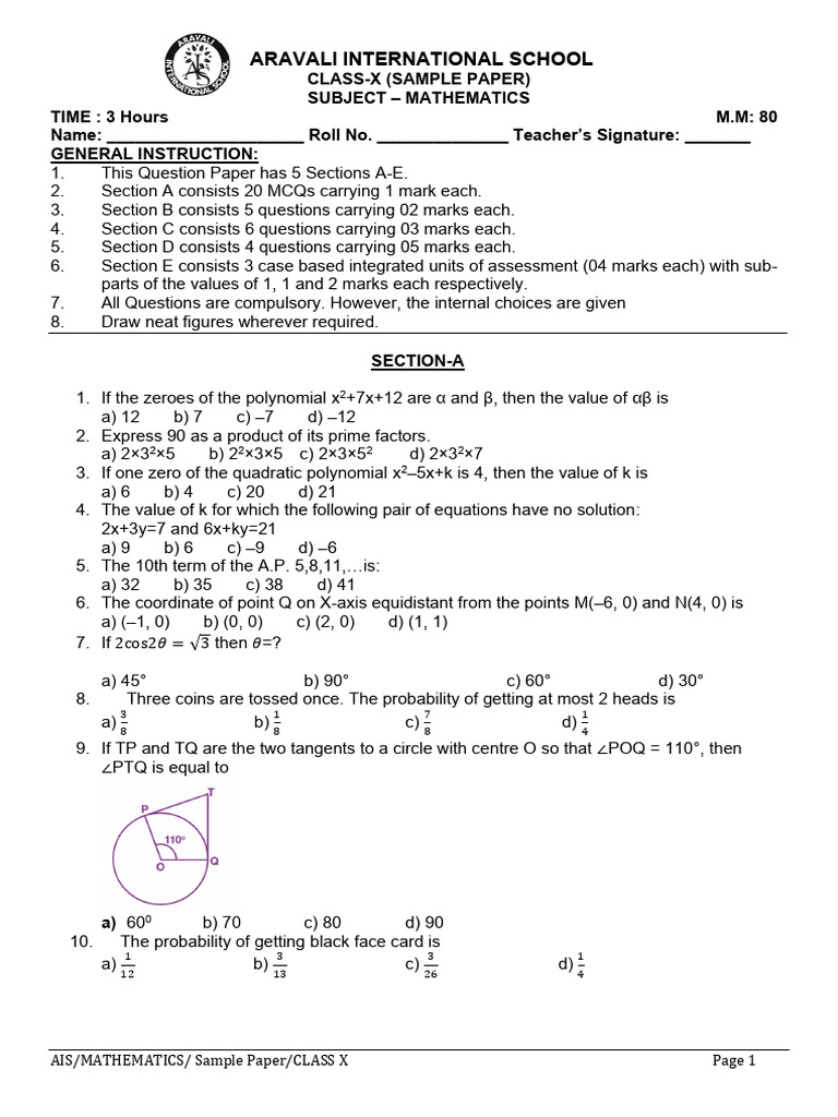 Class X Mathematics Sample Paper | PDF | Quadratic Equation | Equations