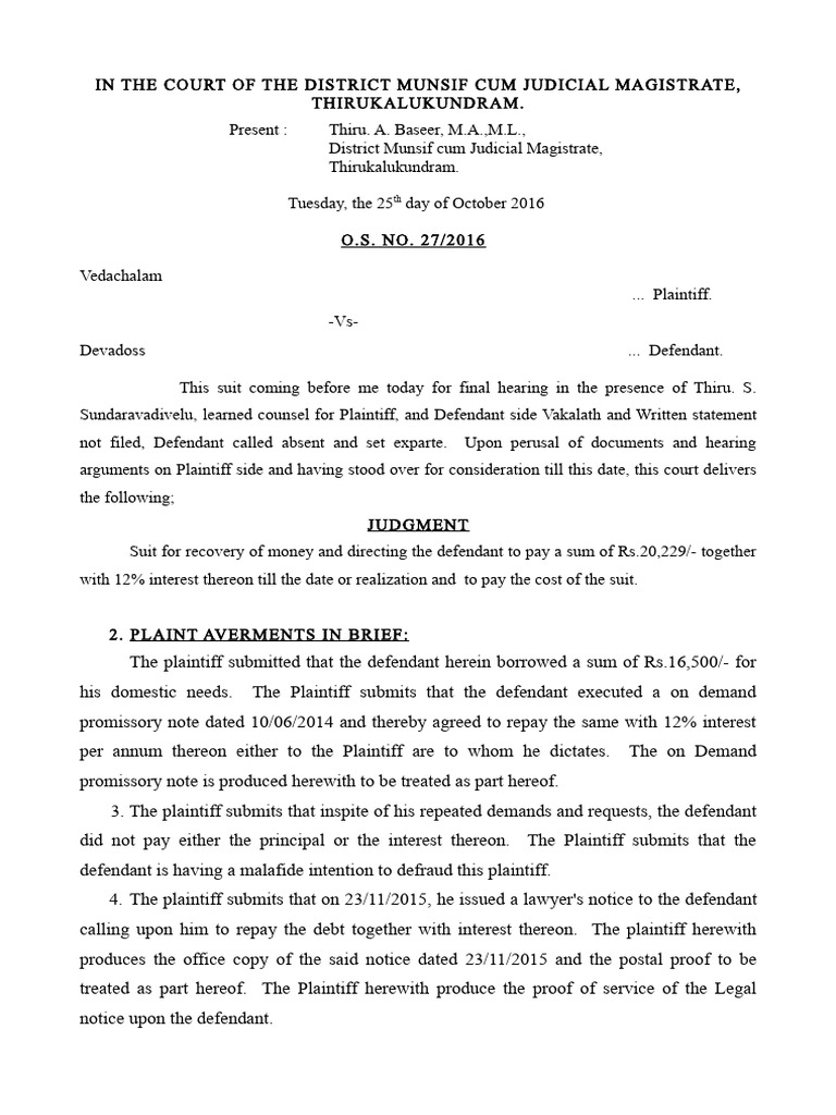 Judgment on Money Recovery Suit O.S. 27/2016 | PDF | Lawsuit | Interest
