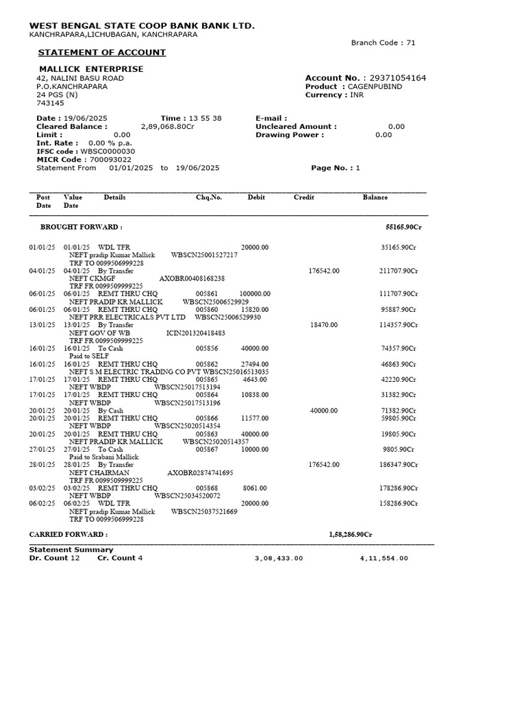 West Bengal Coop Bank Account Statement | PDF | Debits And Credits ...